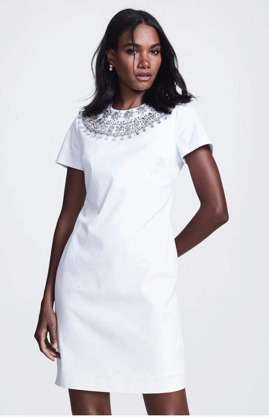 Brooks Brothers Shift White Mini Dress Embellished Jewel Neckline Elegant Sz 14 - Picture 1 of 13